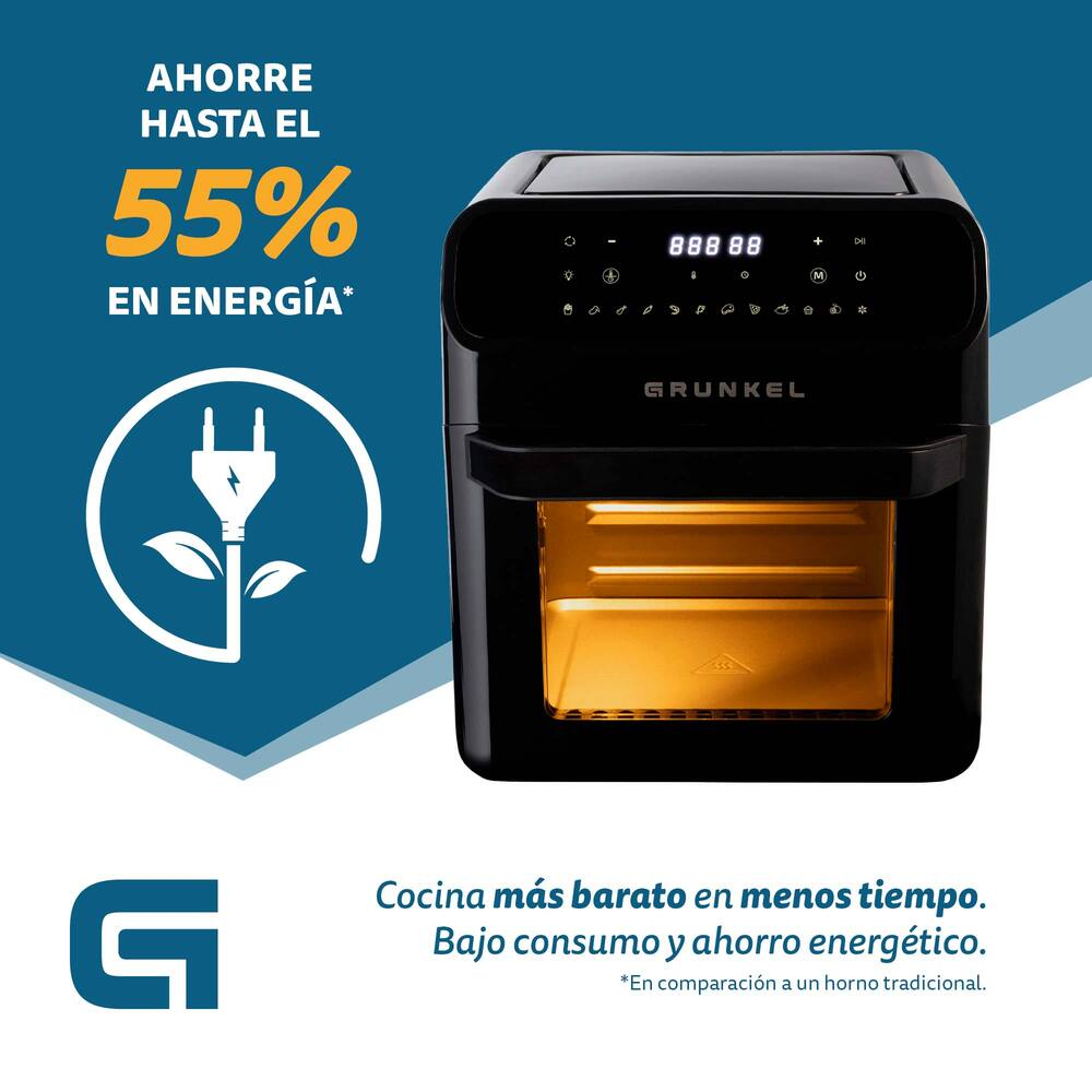 Una friggitrice ad aria nera con display digitale e interno illuminato.