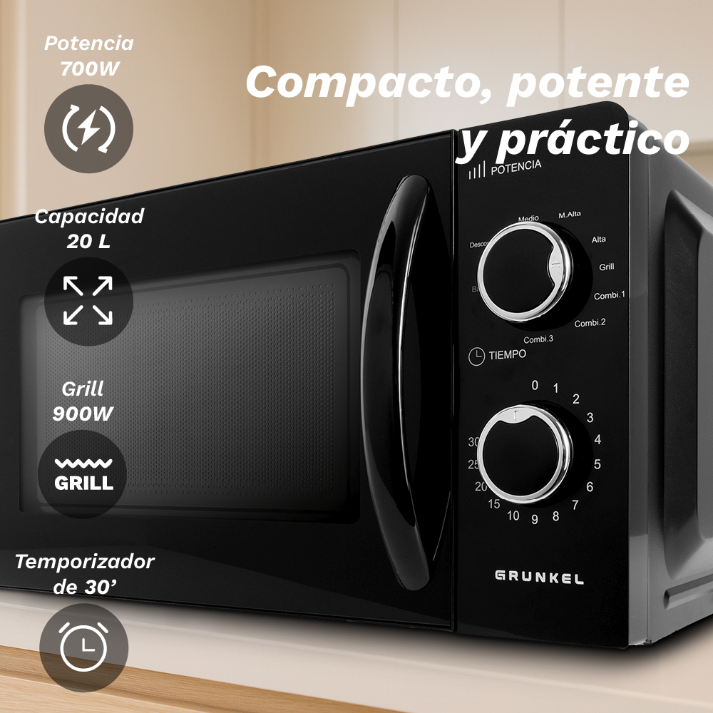 Horno microondas negro con diales de control y etiquetas de texto.