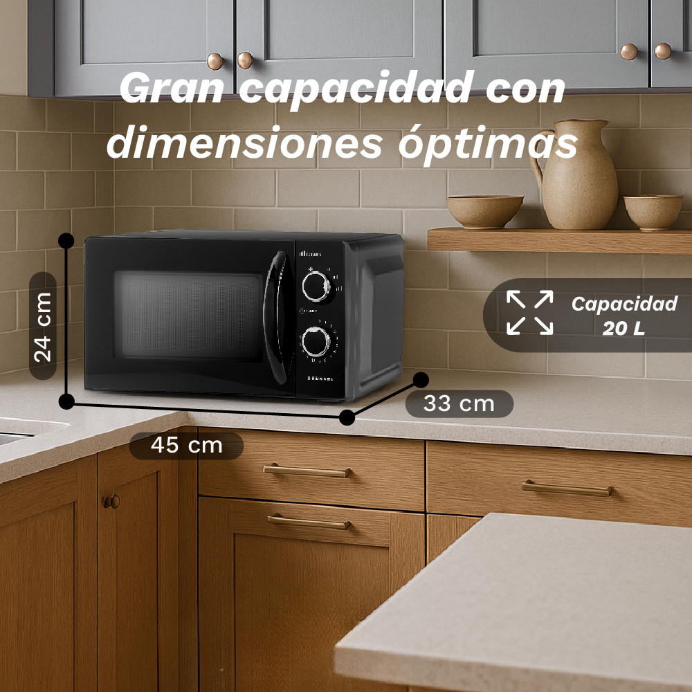 Microondas negro de 20L en encimera, se muestran las dimensiones.