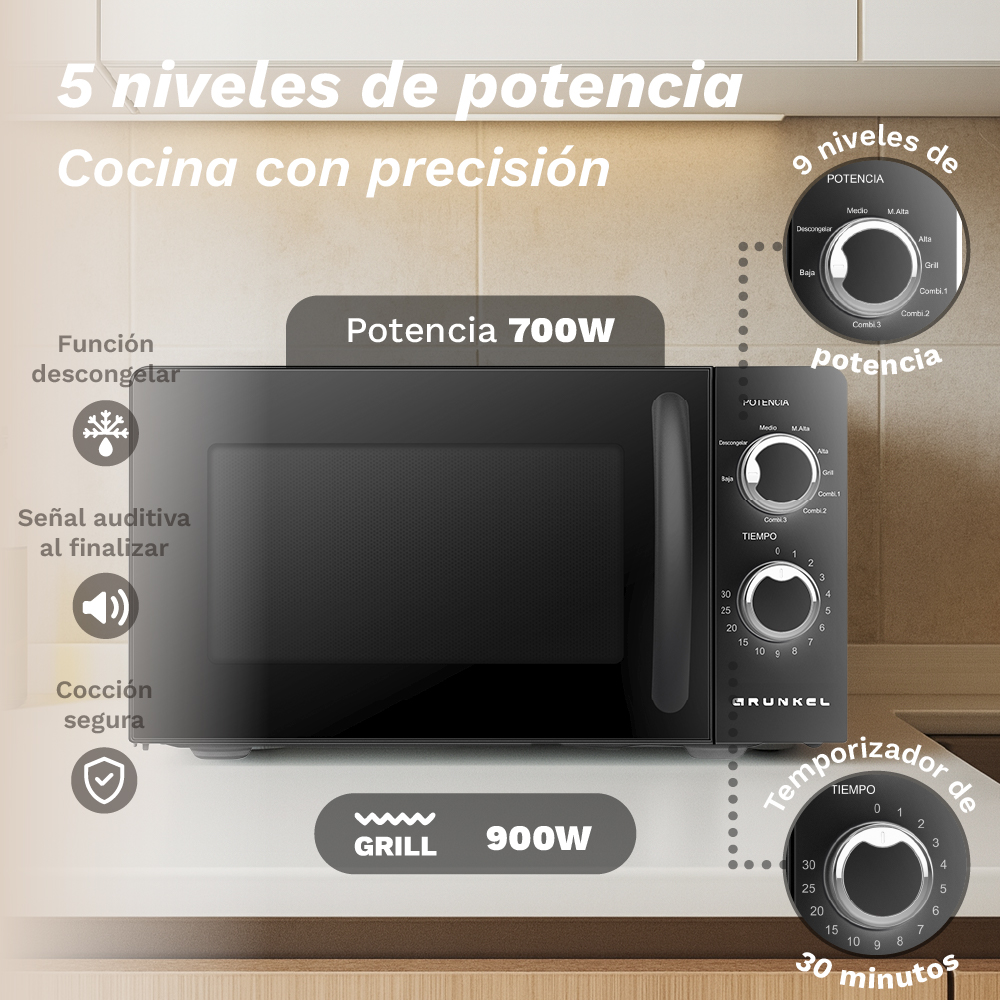 Microondas negro con controles de potencia y tiempo. Potencia de 700W.