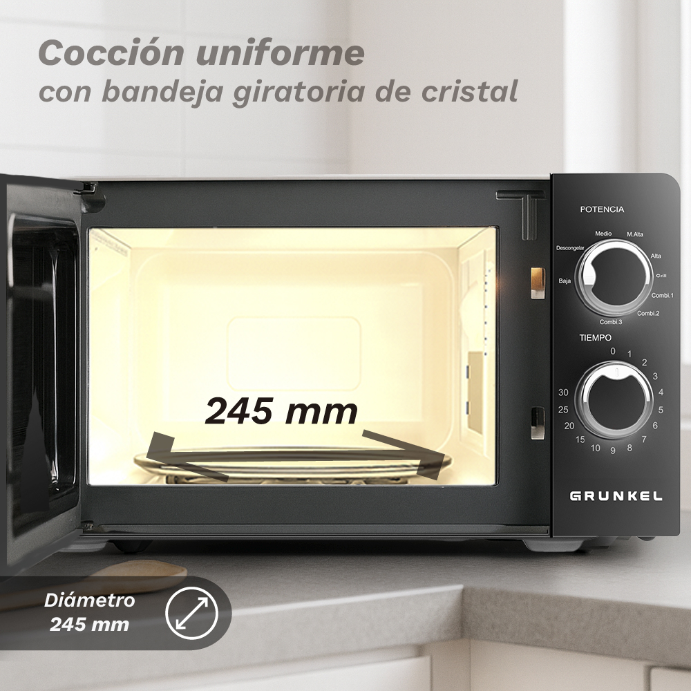 Un microondas negro con puerta abierta muestra un plato giratorio de 245 mm.
