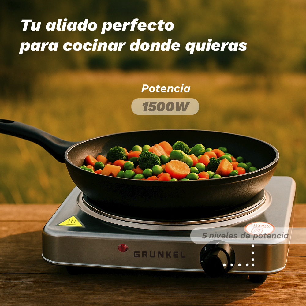 Un fogón portátil con sartén de verduras, 1500W, al aire libre.