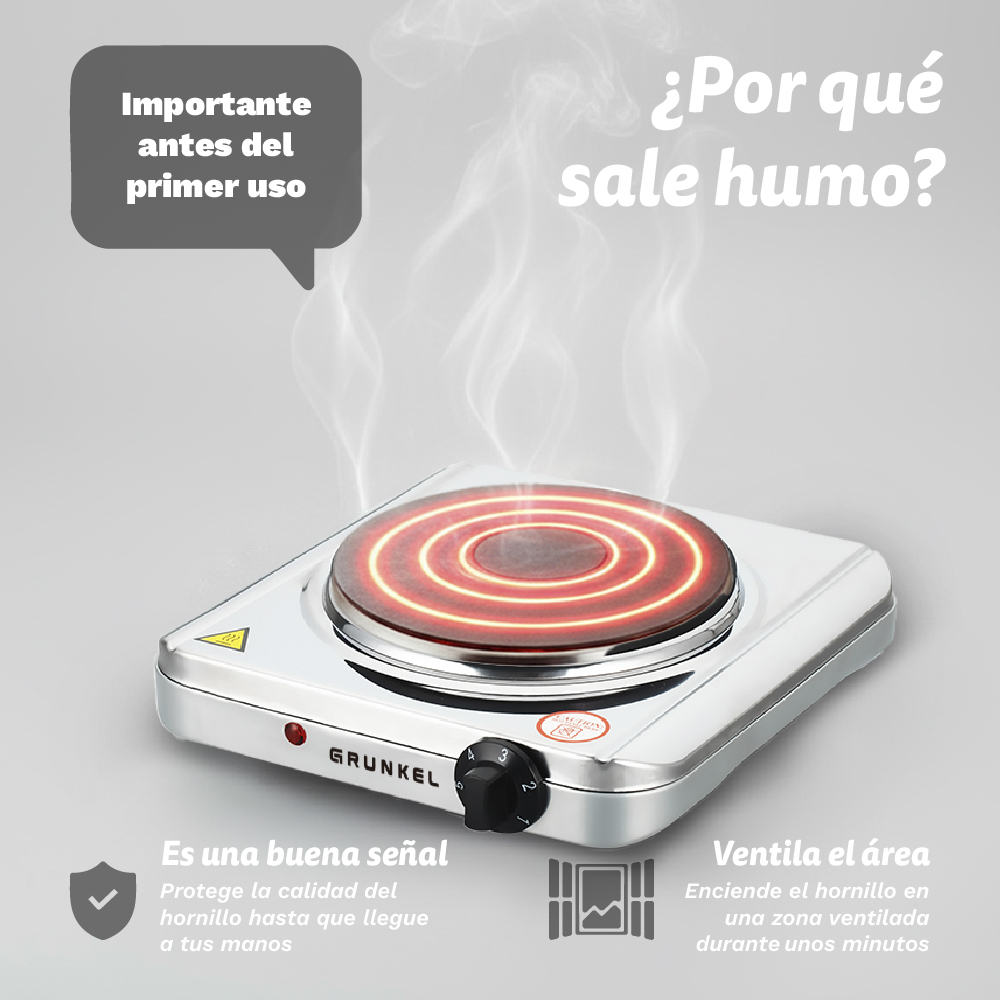 Una estufa eléctrica plateada con espiral caliente y humo. Importante antes de usar.