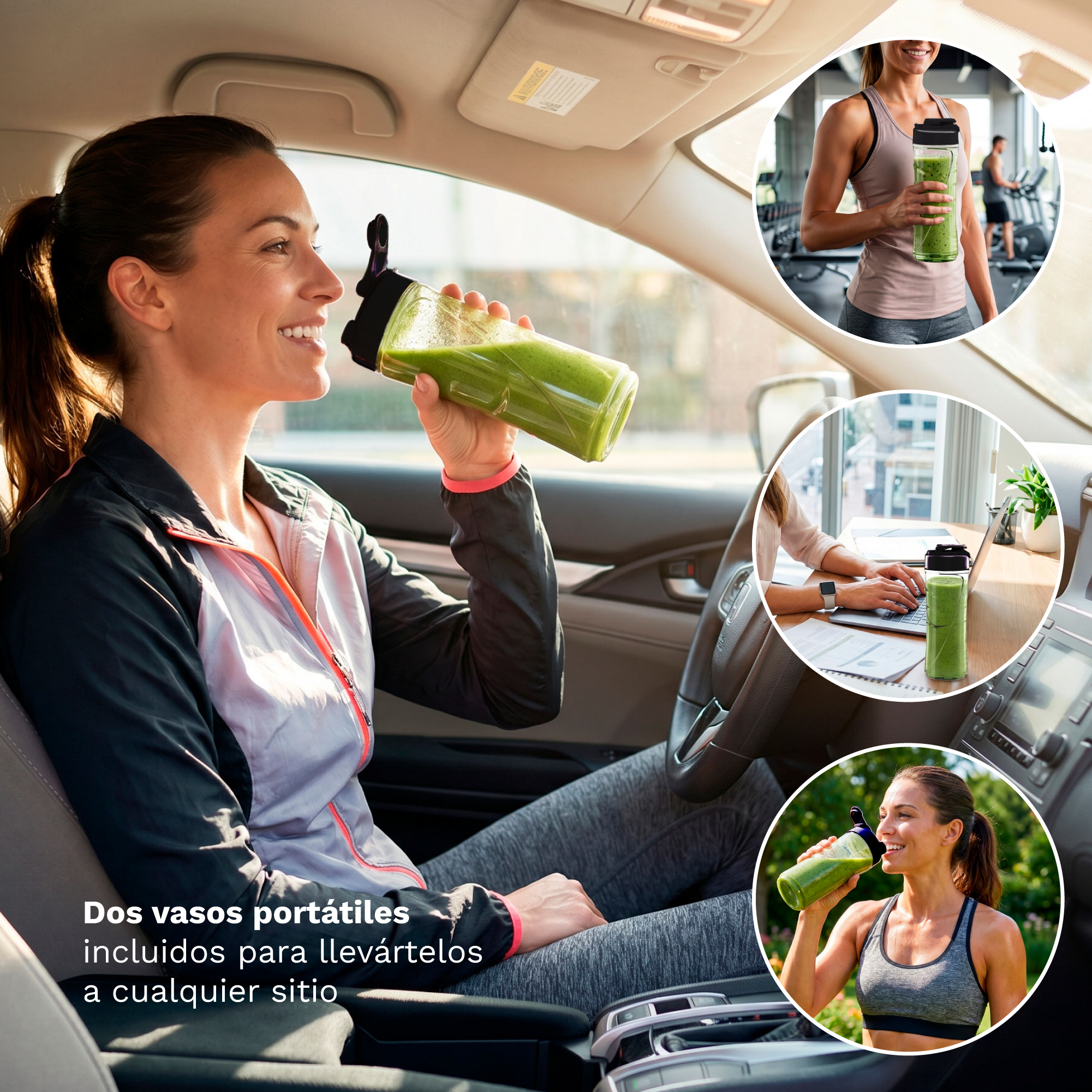 Donna beve frullato verde in auto; scene palestra, ufficio ed esterne.
