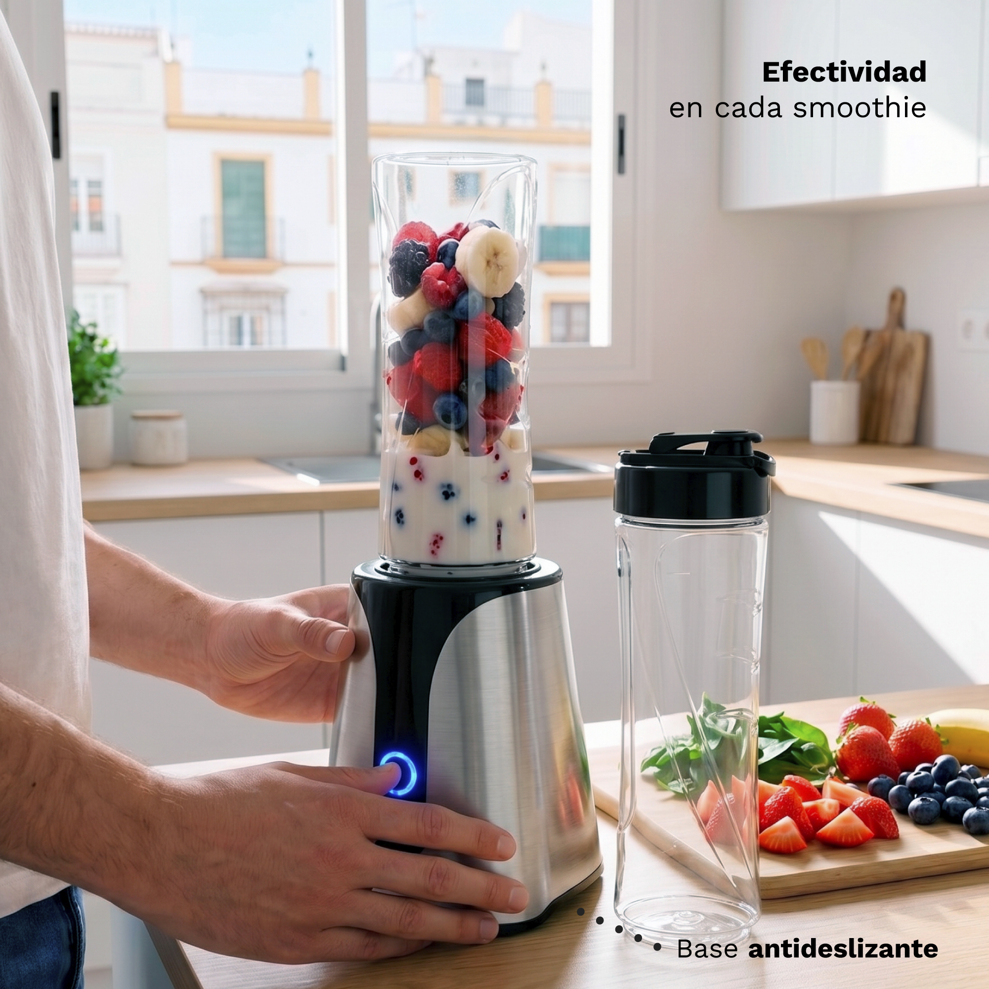 Uomo preme pulsante su frullatore con frutta. Bottiglia vuota vicina.