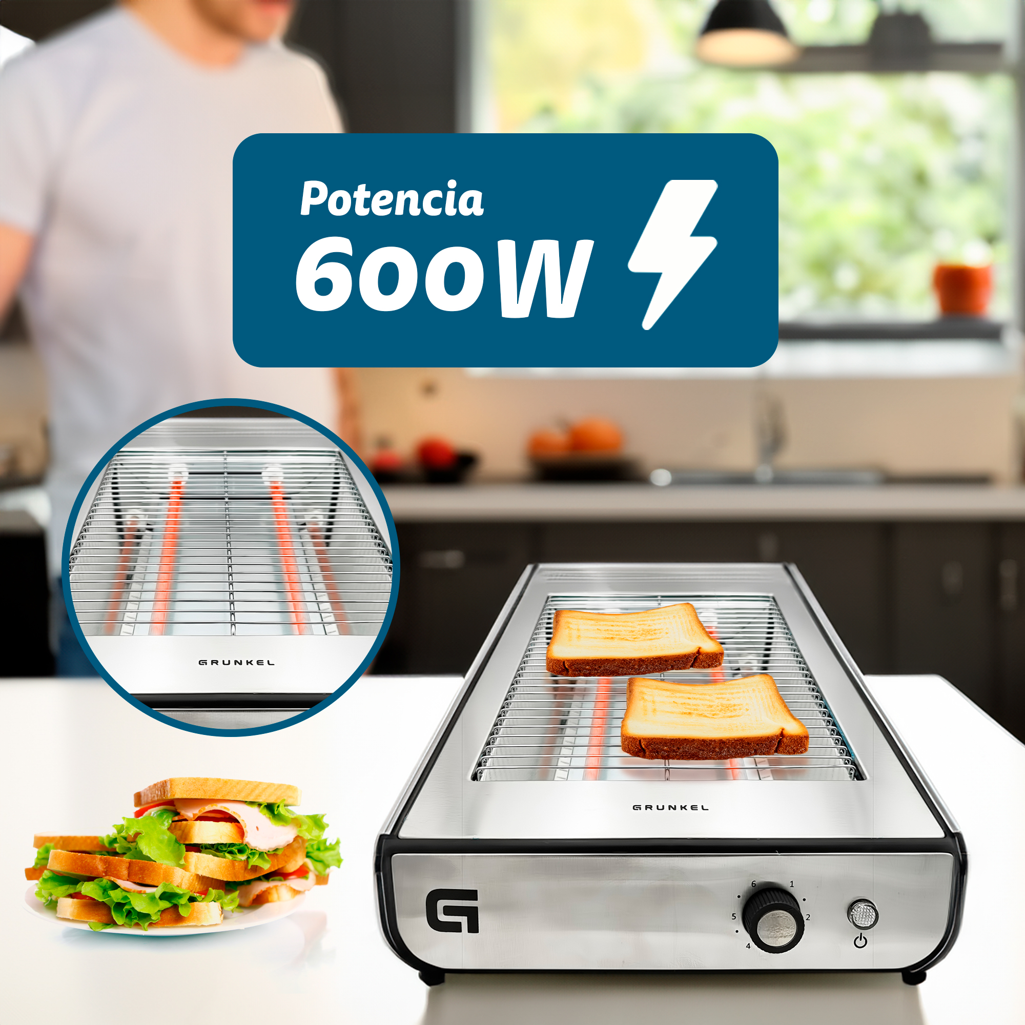 Una tostadora con dos rebanadas de pan tostado y un sándwich, potencia 600W.