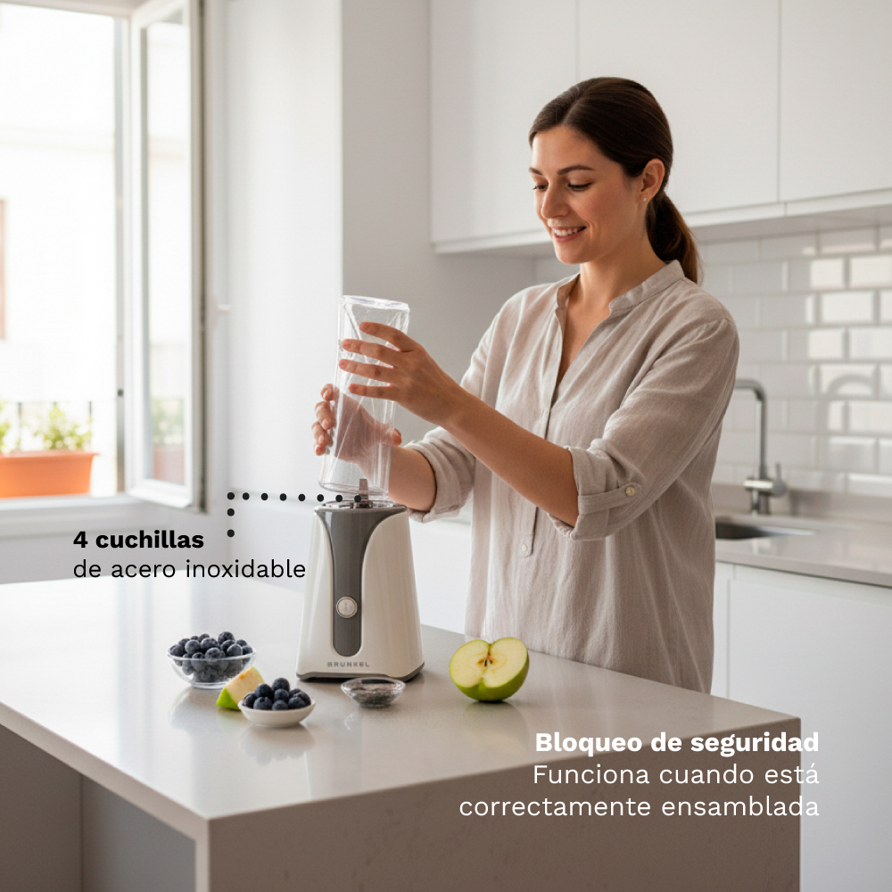 Una mujer coloca el vaso de una batidora en el aparato. Hay arándanos y una manzana cerca.