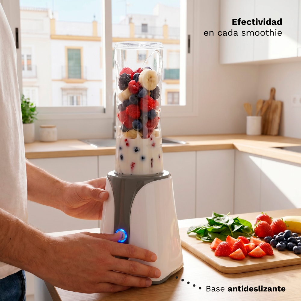 Una batidora llena de bayas y plátano, en una encimera de cocina. Ingredientes cerca.