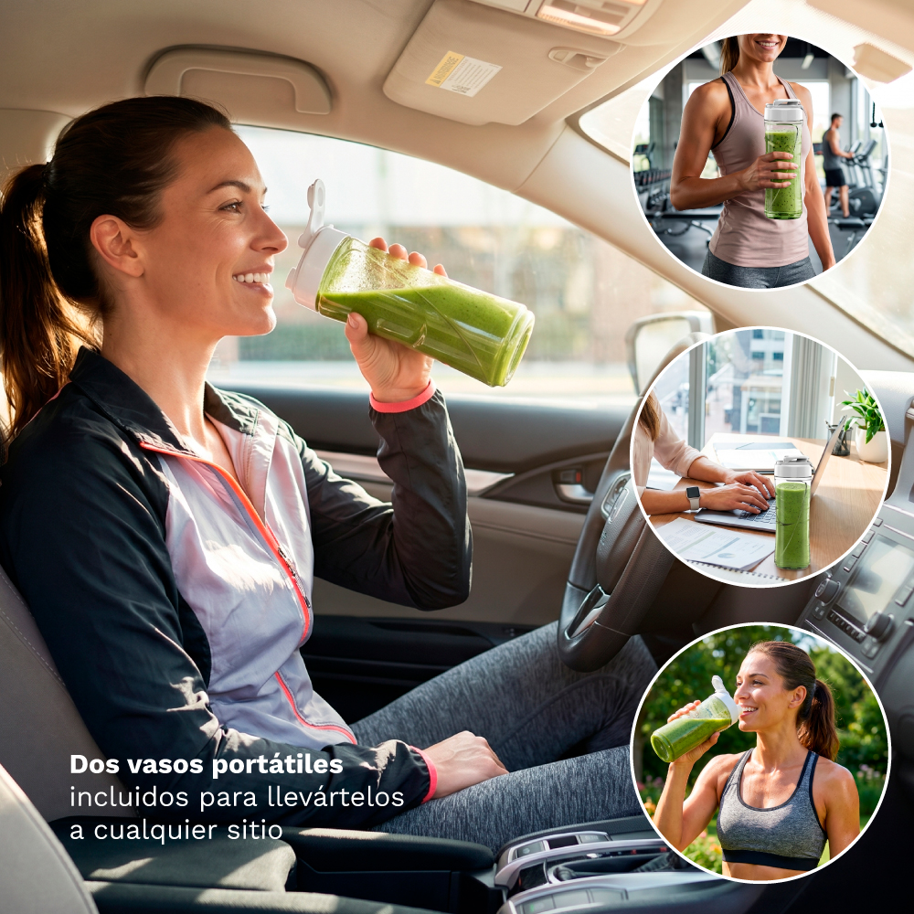 Mujer bebe batido verde en coche, gimnasio, oficina, exterior. Dos vasos.
