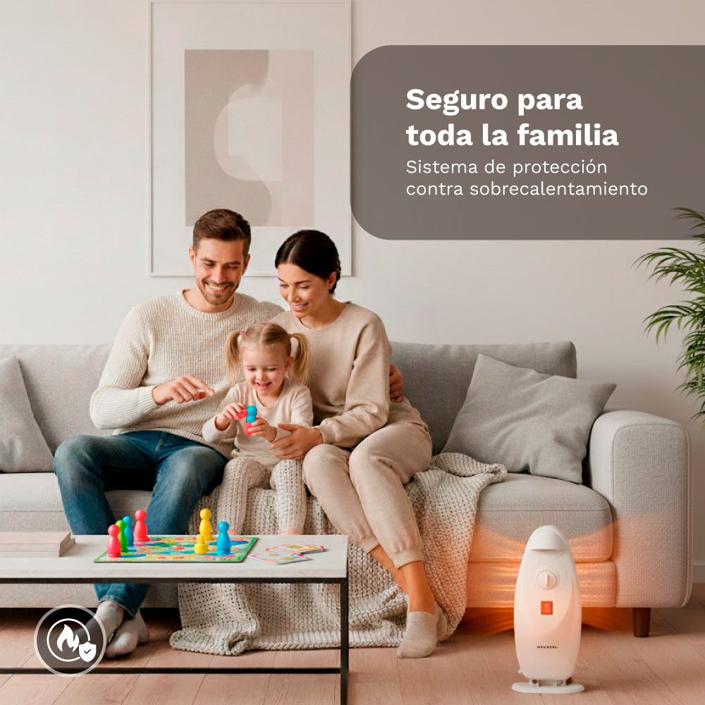 Familia jugando juego de mesa en sofá con calefactor encendido.