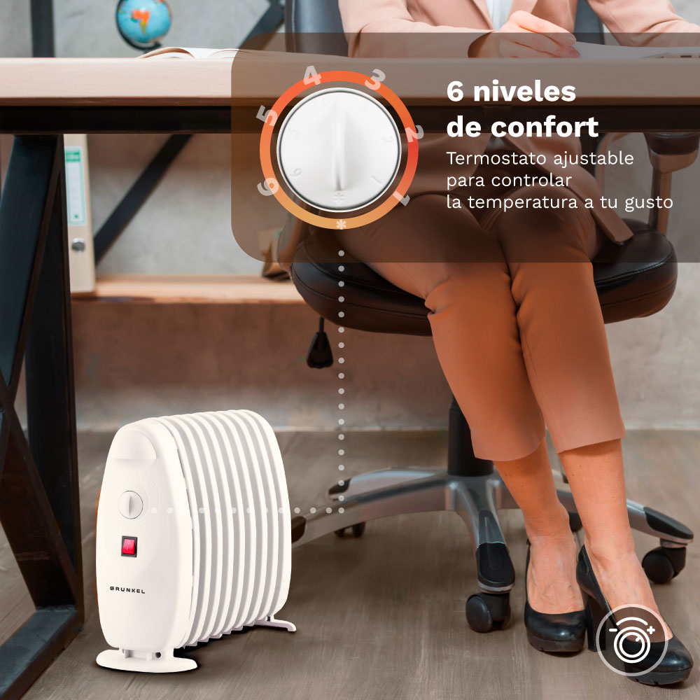 Un calefactor blanco en el suelo junto a un escritorio. Una persona sentada en una silla de oficina.