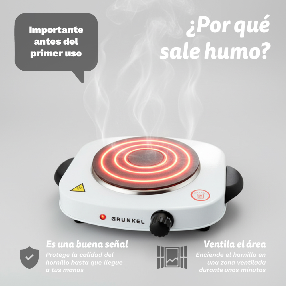 Una estufa eléctrica portátil blanca con espiral roja brillante y humo.
