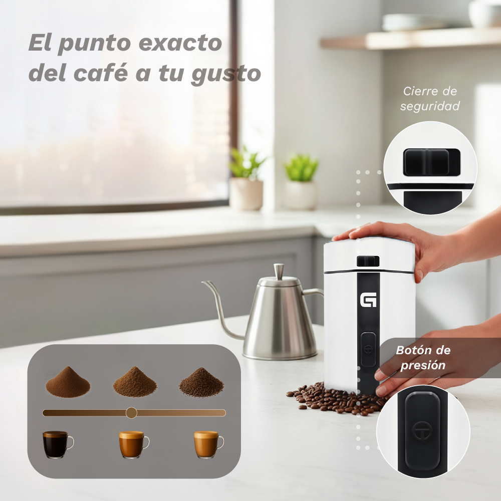 Un demostrador de molinillo de café blanco con granos y tazas.