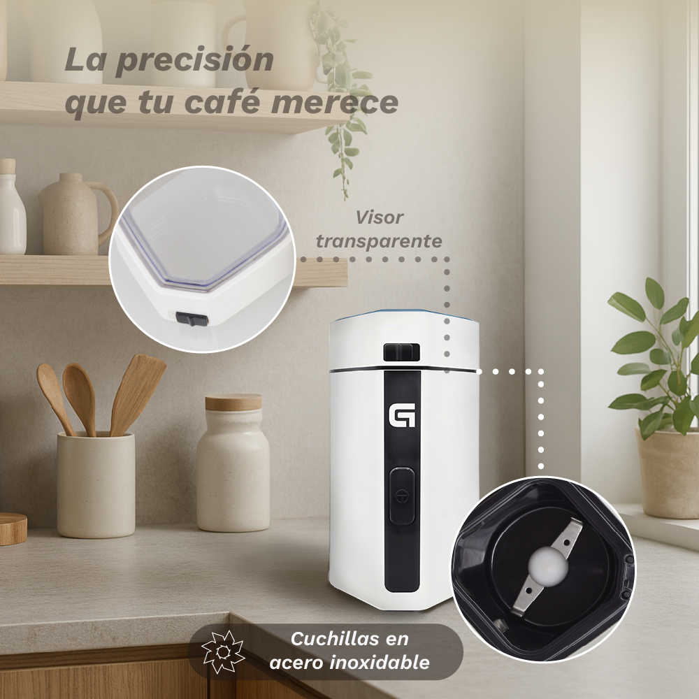 Un molinillo de café blanco con ventana transparente y cuchillas de acero.