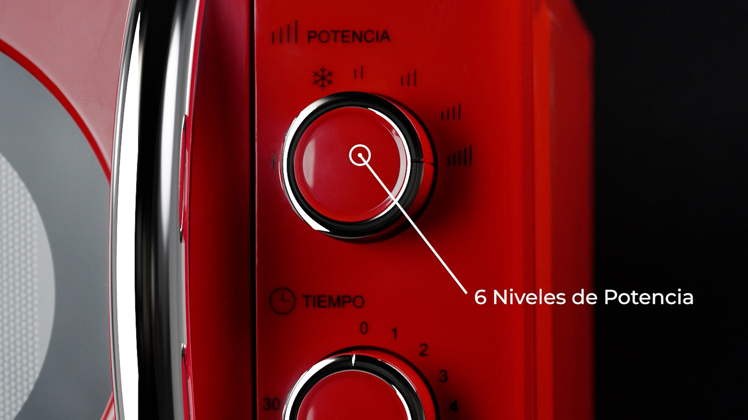 Microondas rojo con mandos giratorios para potencia y tiempo, con etiquetas.
