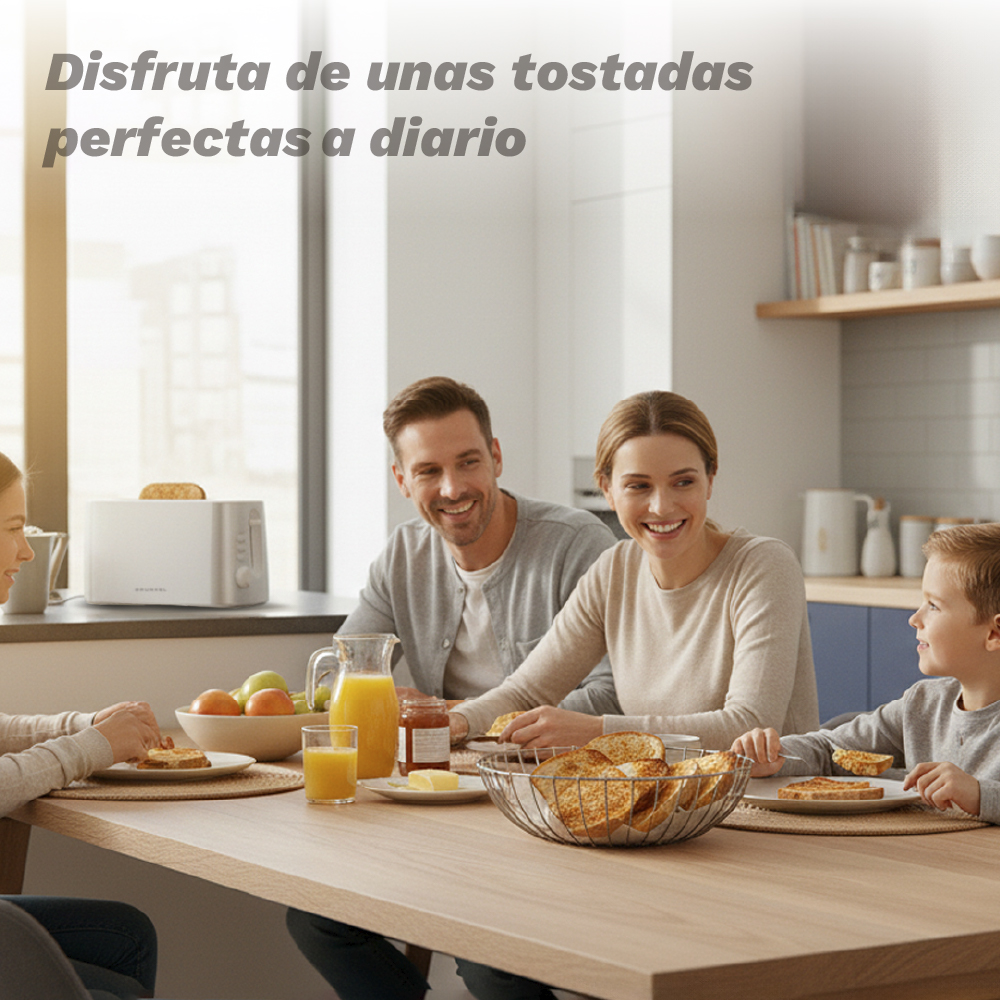 Una famiglia fa colazione insieme a tavola. Un tostapane sul bancone.