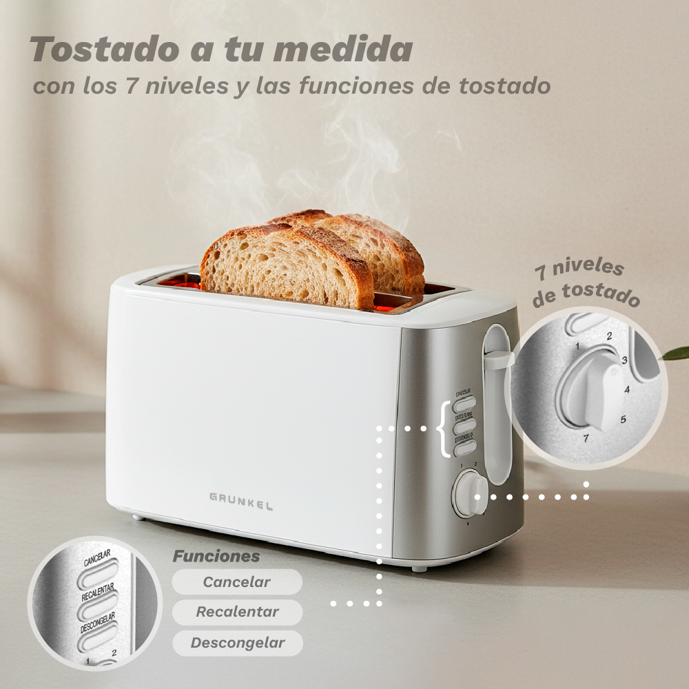 Un tostapane bianco con due fette di pane tostate, con controlli visibili accanto.