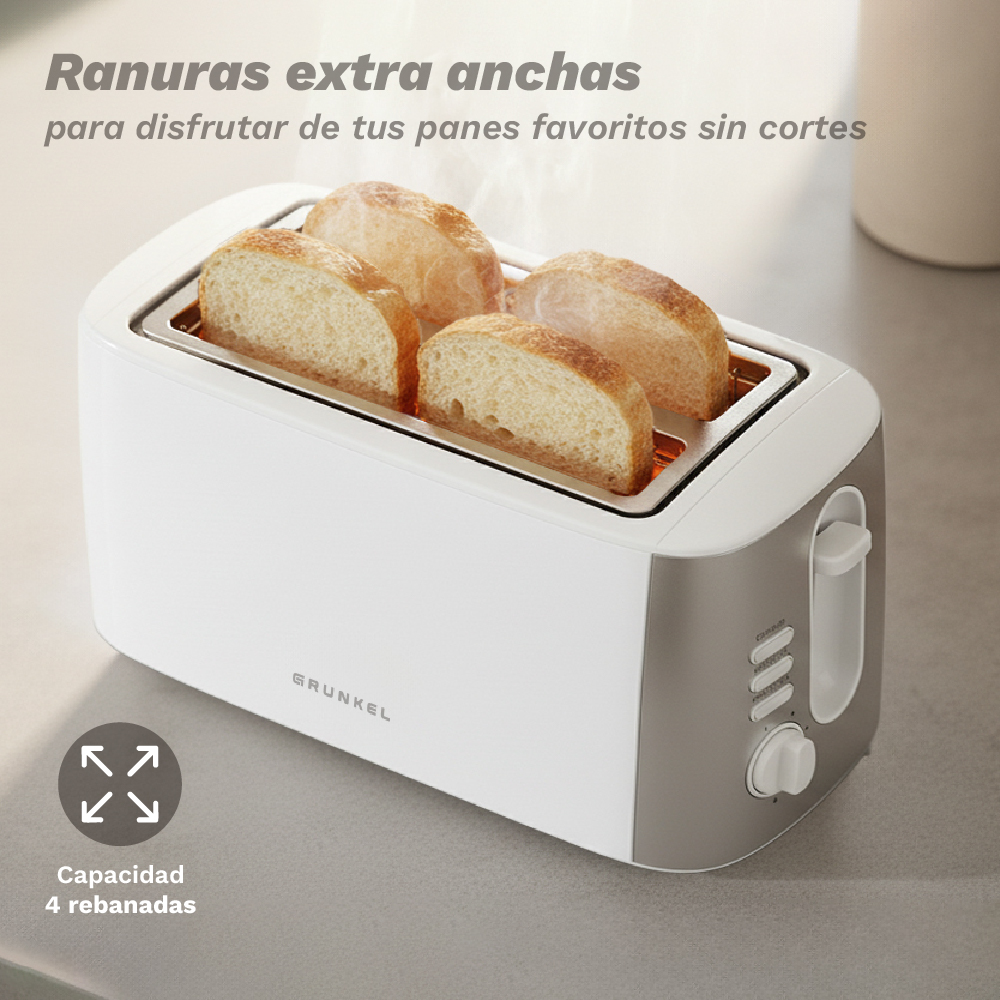 Un tostapane bianco e grigio con quattro fette di pane in tostatura.