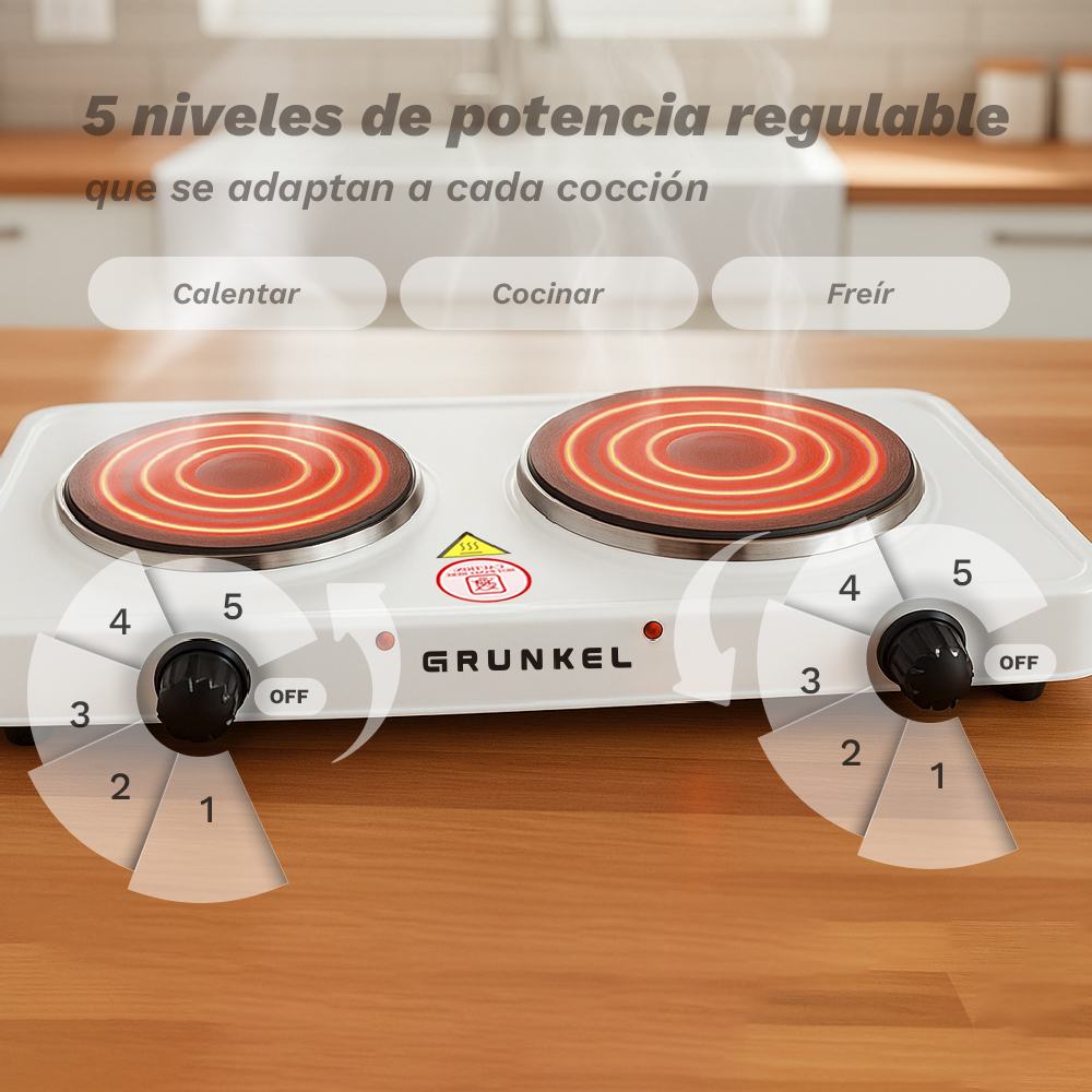 Placa eléctrica blanca con quemadores rojos brillantes y diales de 5 niveles.