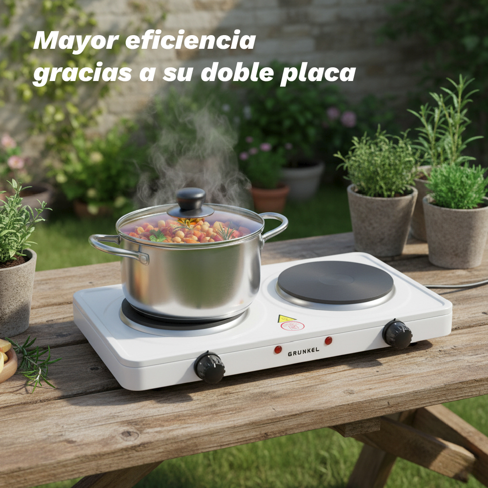 Una placa de cocina doble cocina alimentos en una olla al aire libre sobre una mesa de madera, con plantas en macetas de fondo.