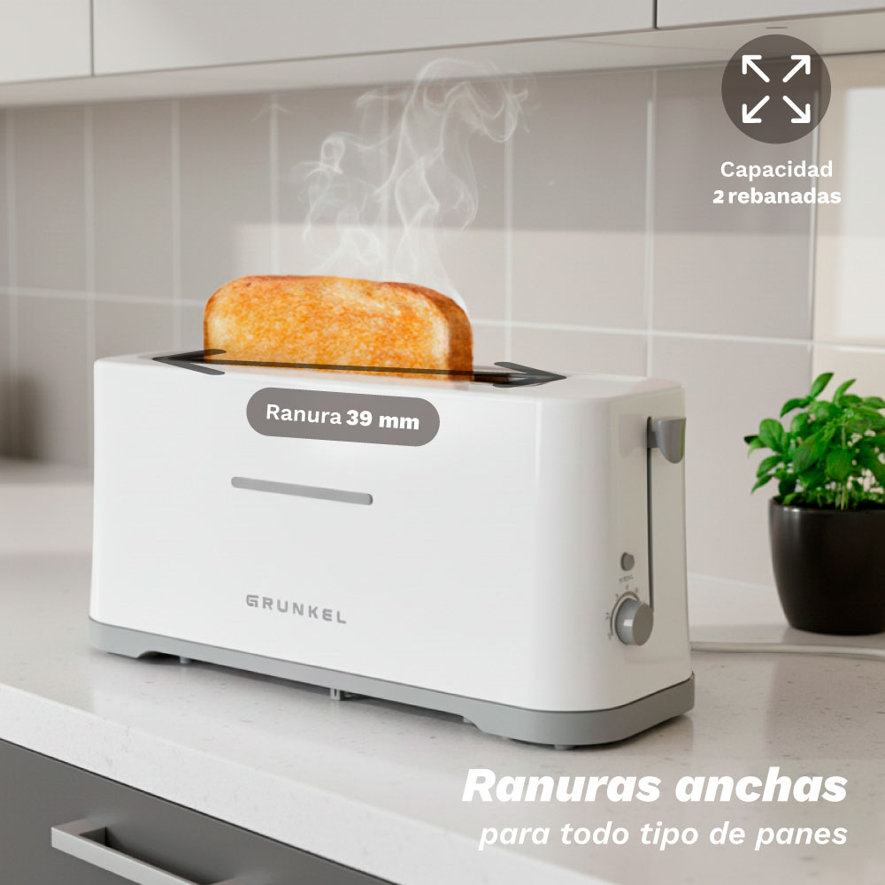 Ein weißer Toaster mit zwei Toastscheiben, die rauchen.