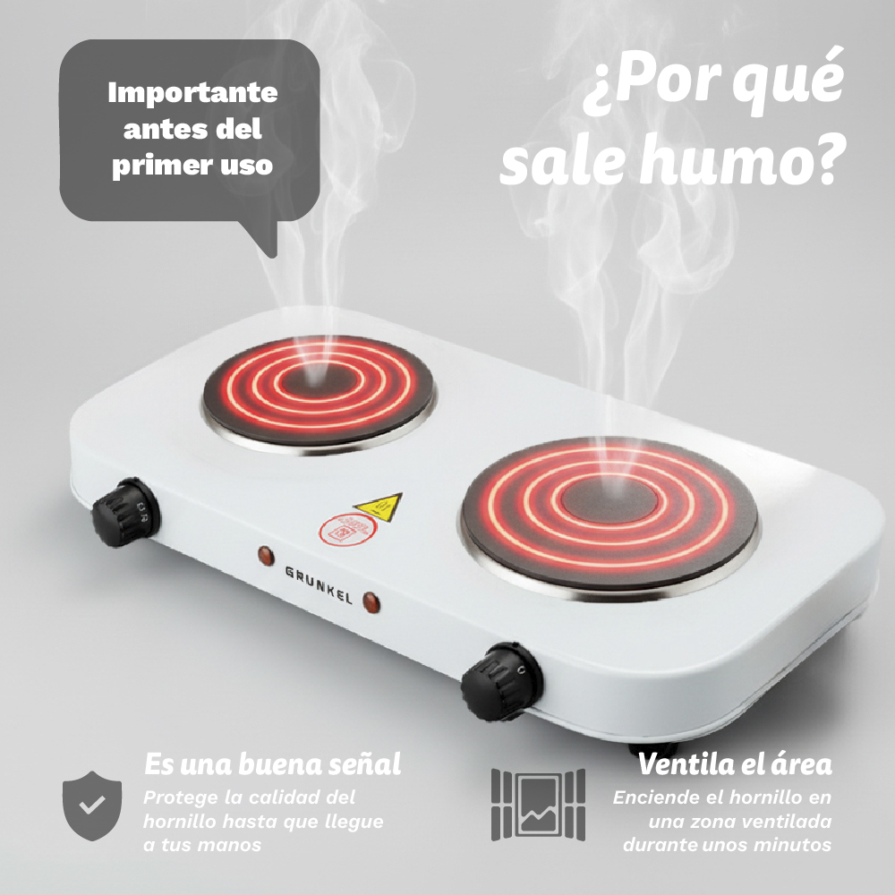 Una placa de cocina doble blanca con espirales de calefacción humeantes.