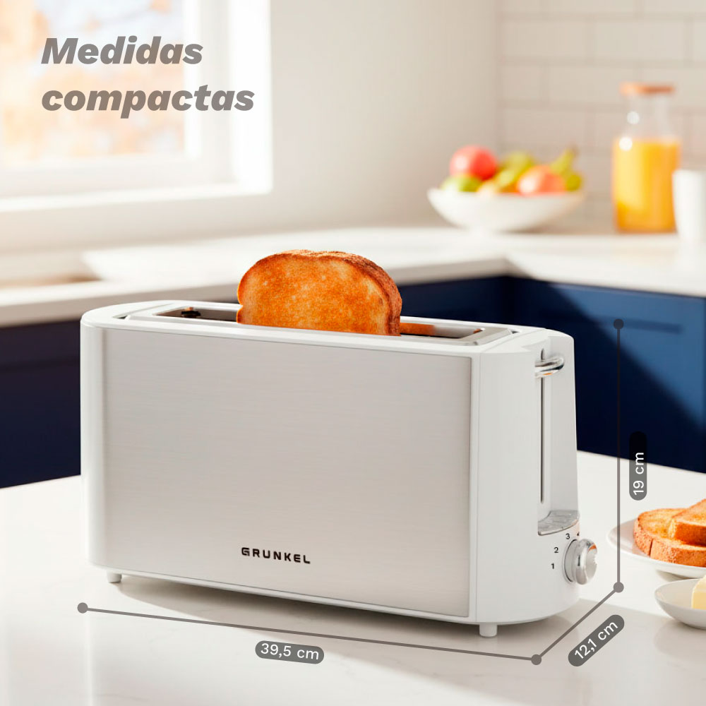 Un tostador blanco con una rebanada de pan; se muestran las medidas.