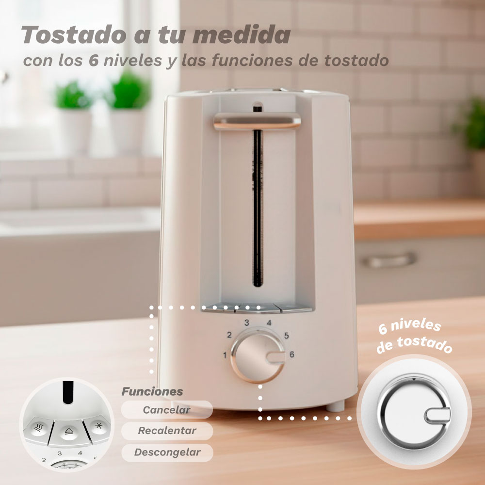 Un tostador blanco con 6 niveles de tueste y funciones de cancelar, recalentar y descongelar.