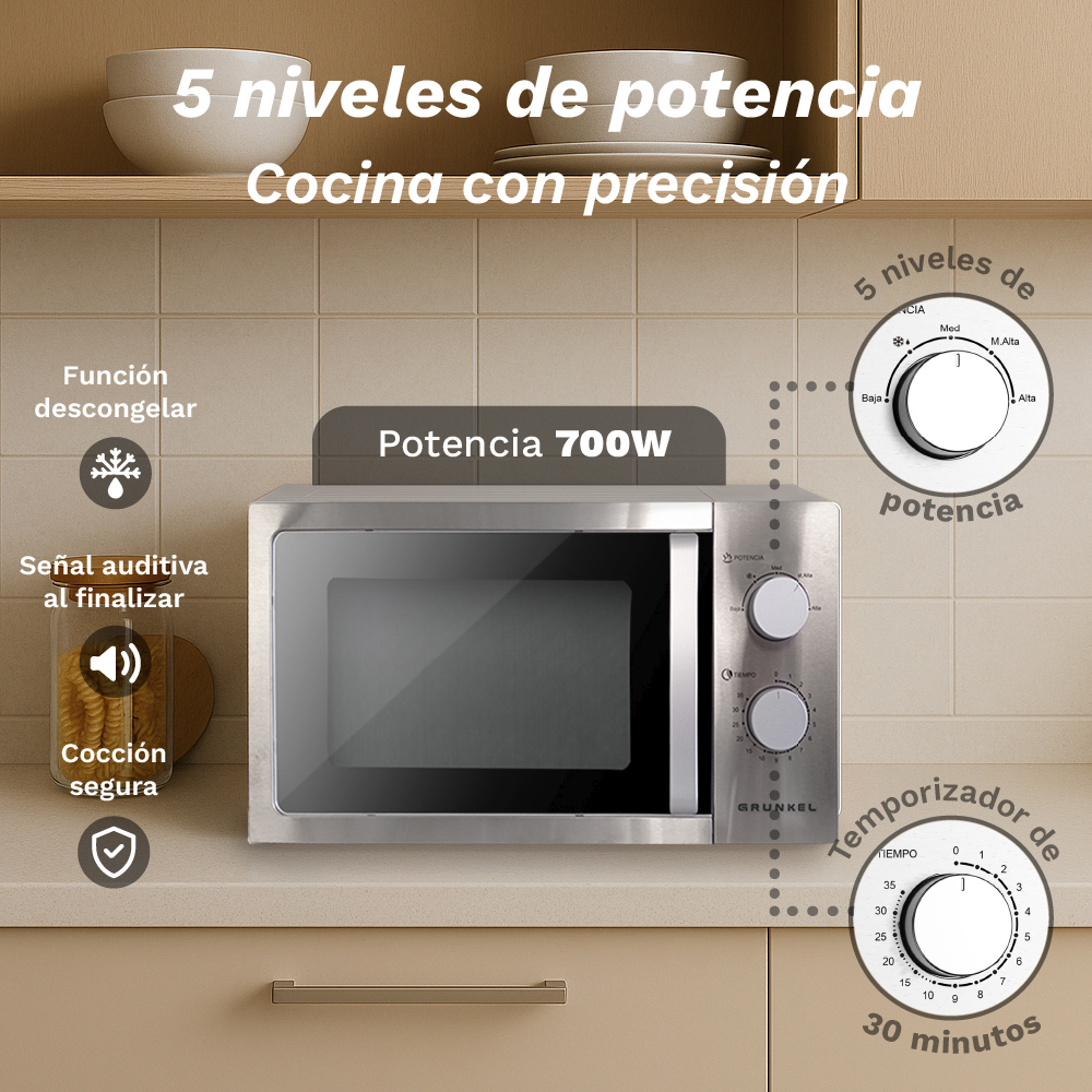 Un microondas plateado con controles y temporizador. Texto en español.
