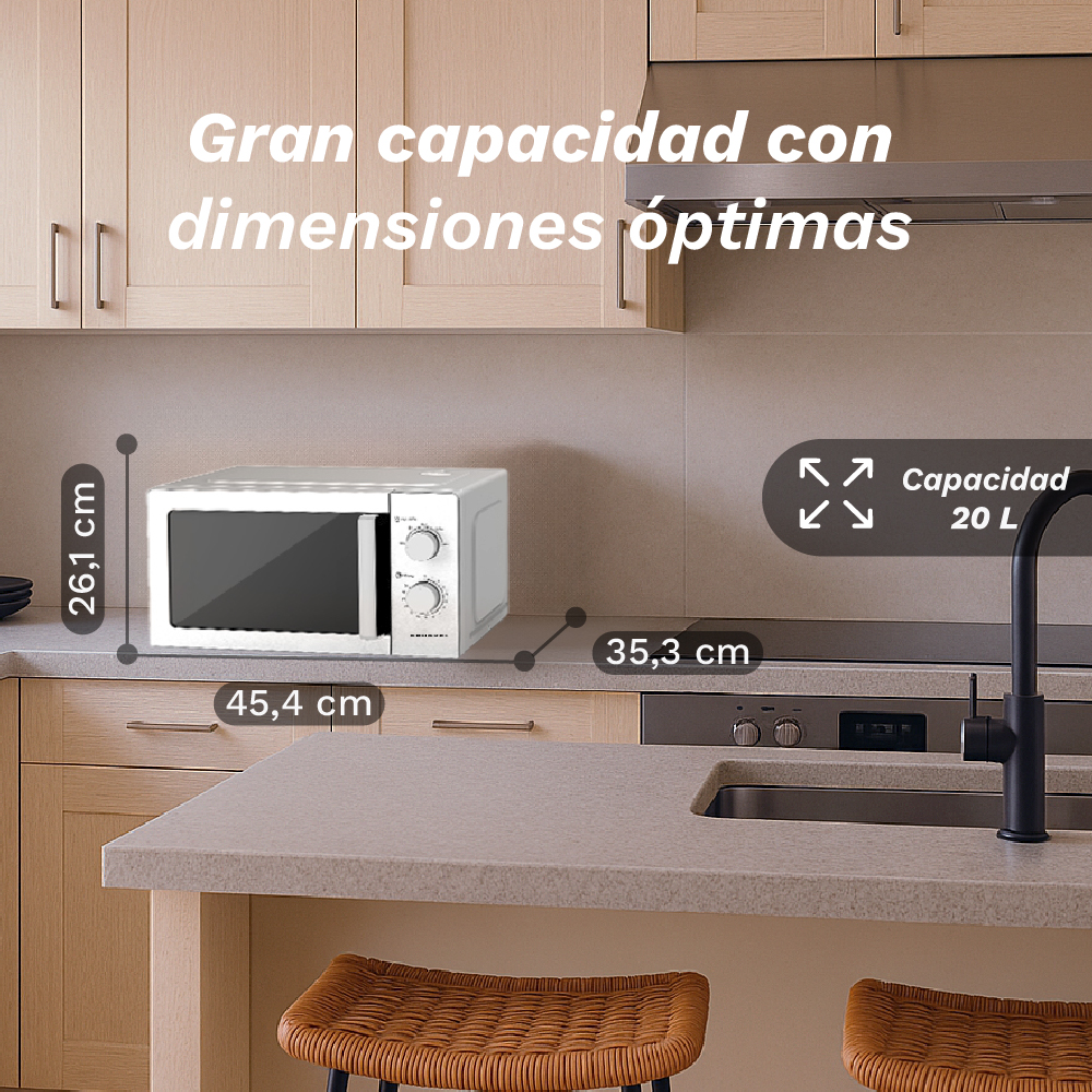 Microondas blanco de 45,4x35,3x26,1cm, capacidad 20L.