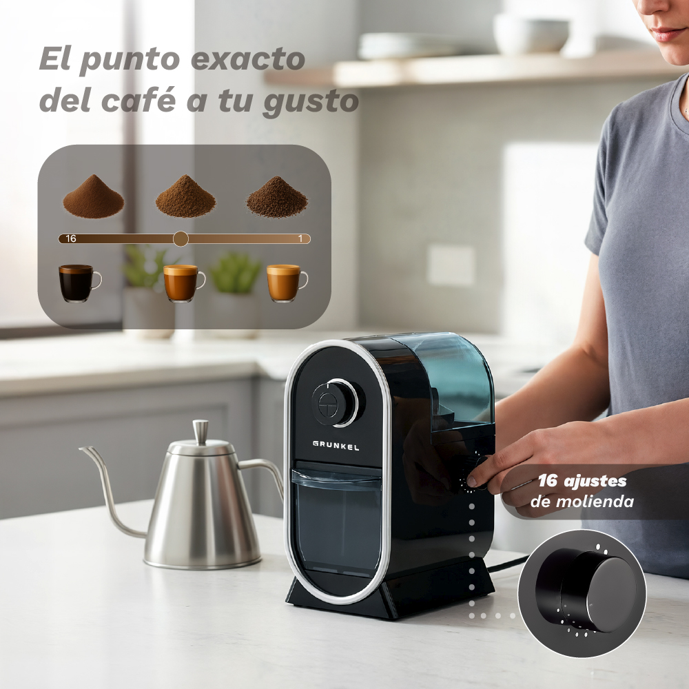 Molinillo de café con 16 ajustes de molienda, al lado de una tetera y tazas.