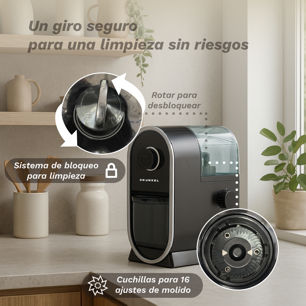 Molinillo de café con bloqueo de seguridad para limpieza y 16 ajustes de molienda.