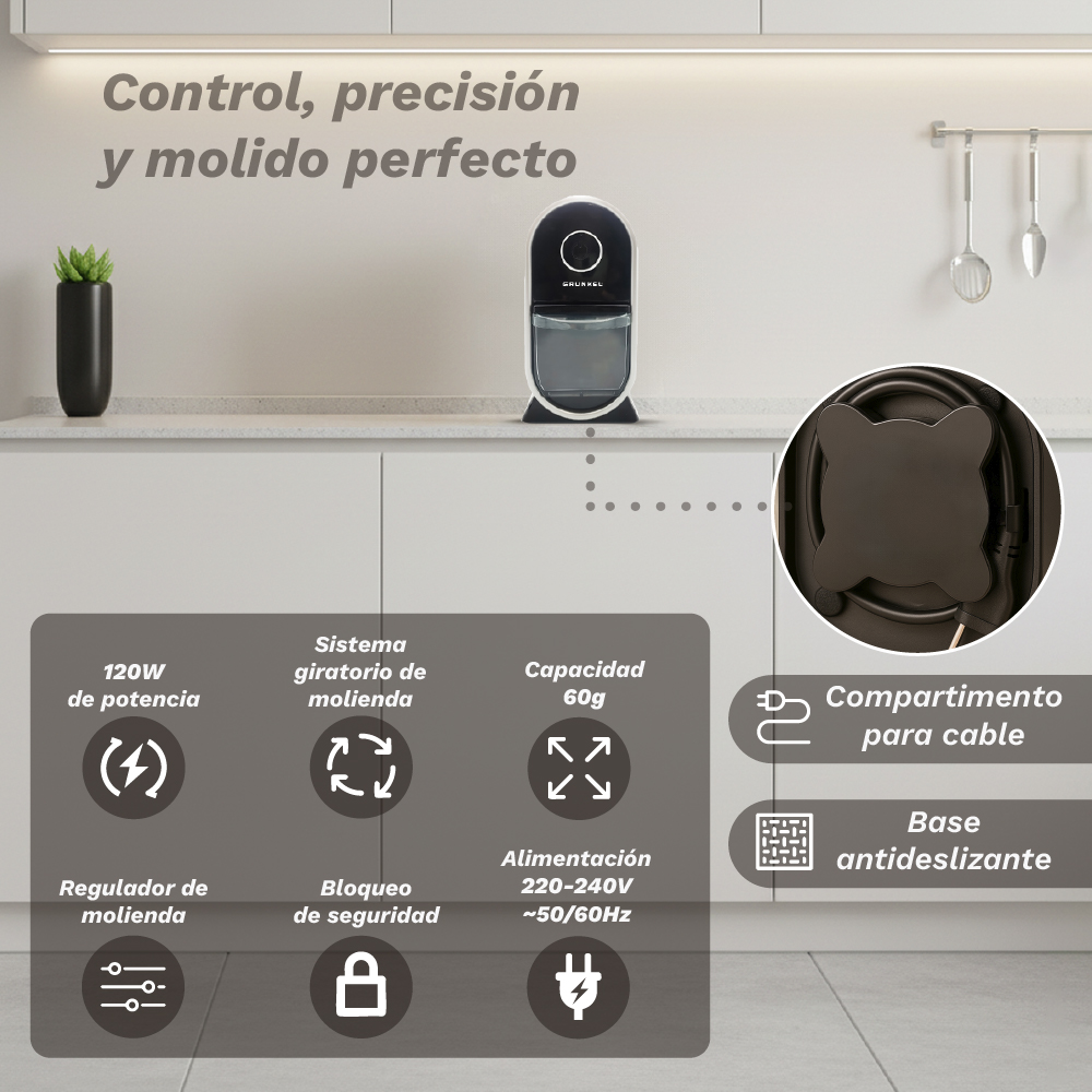 Un molinillo Grunkel de 120W, 60g de capacidad y compartimento para cable.
