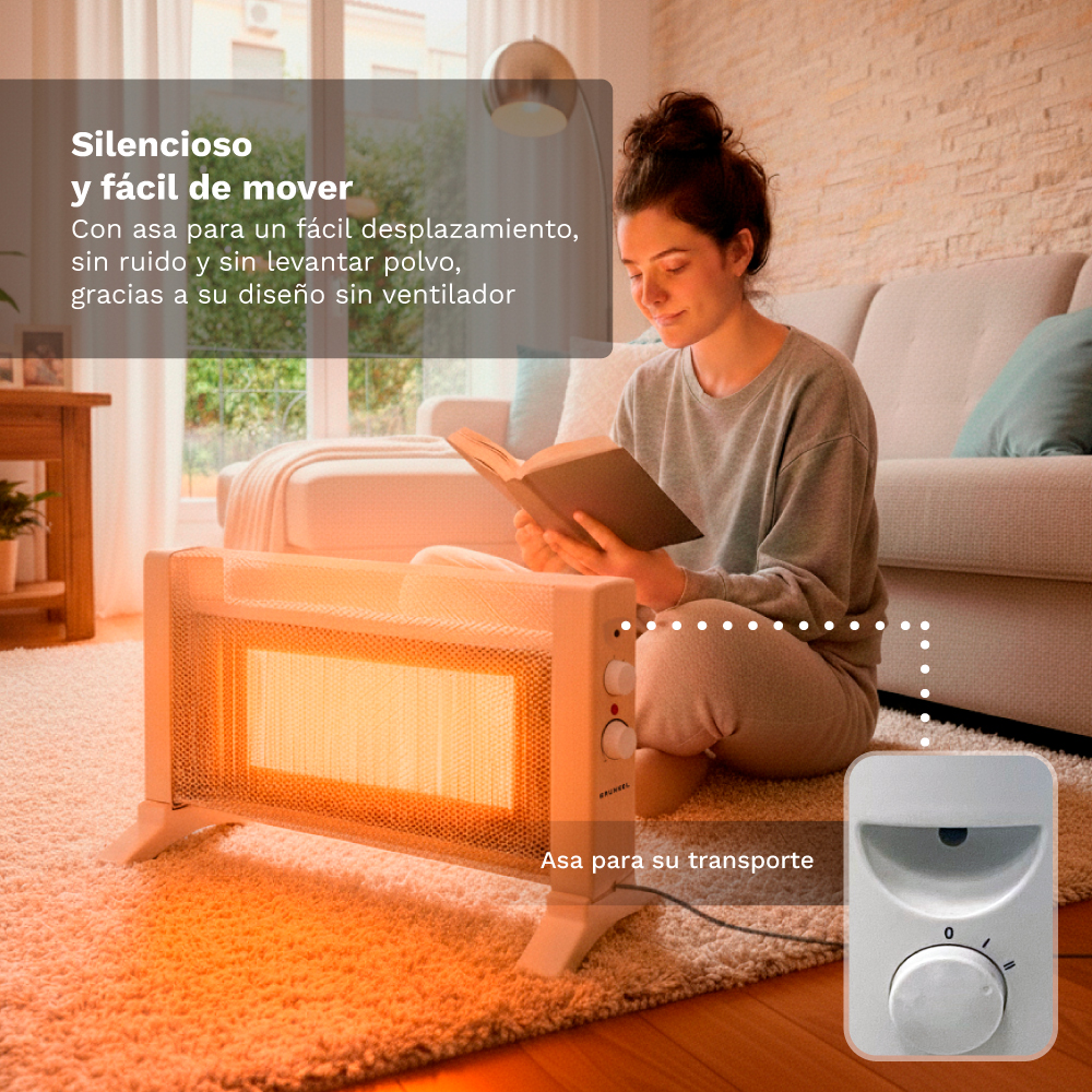 Una mujer lee un libro junto a un calentador radiante en una sala.