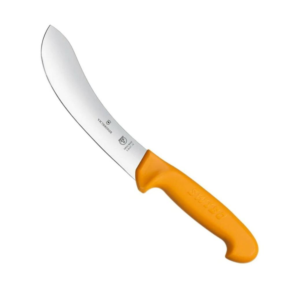 Kavisli bıçaklı ve turuncu saplı bir Victorinox bıçağı.
