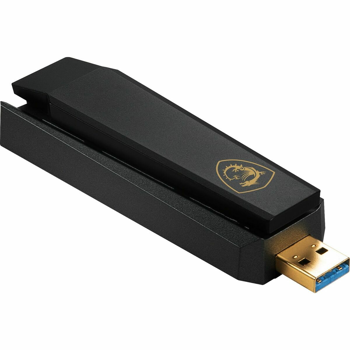 Black USB adapter with gold dragon logo and gold USB connector.