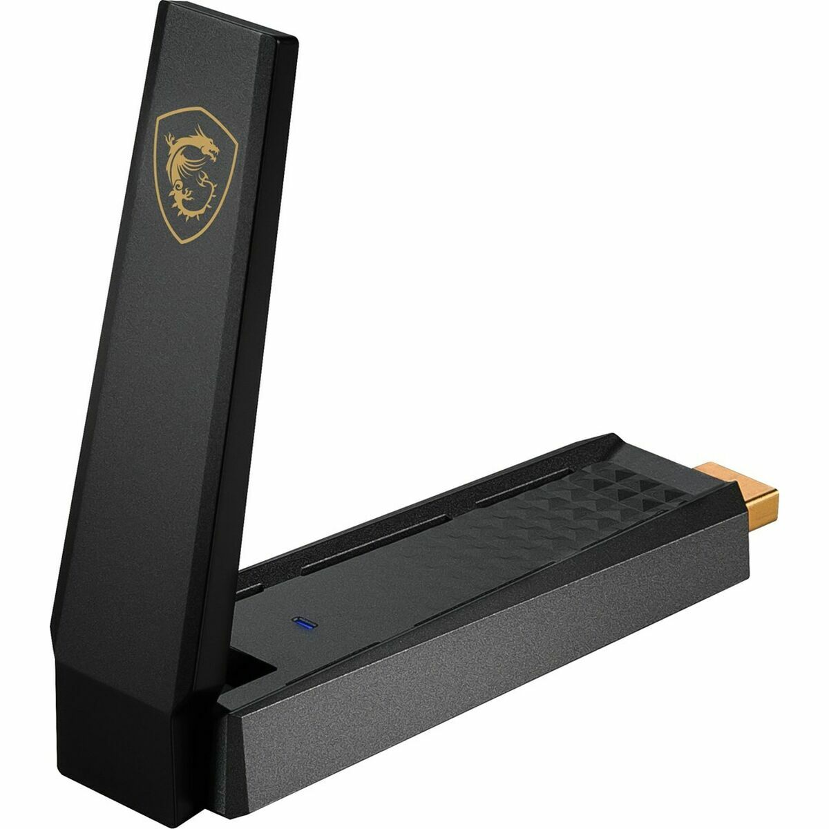 A black Wi-Fi adapter with a golden MSI dragon logo and a foldable antenna section.