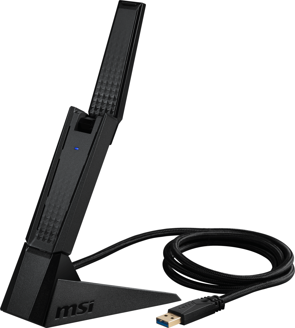Black MSI stand with USB cable. A small blue light is visible.