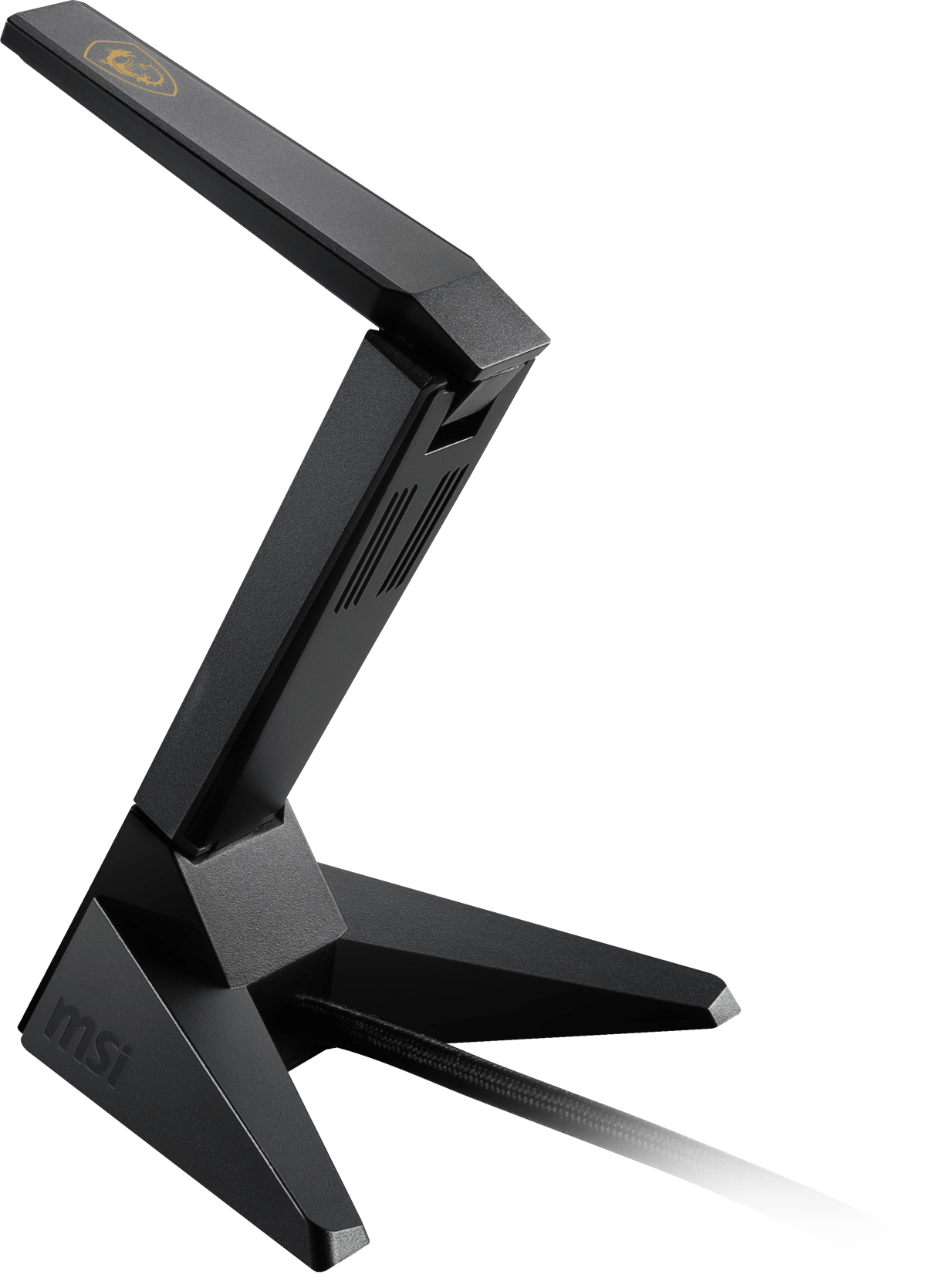 Black MSI microphone arm with golden logo. Cable management visible.