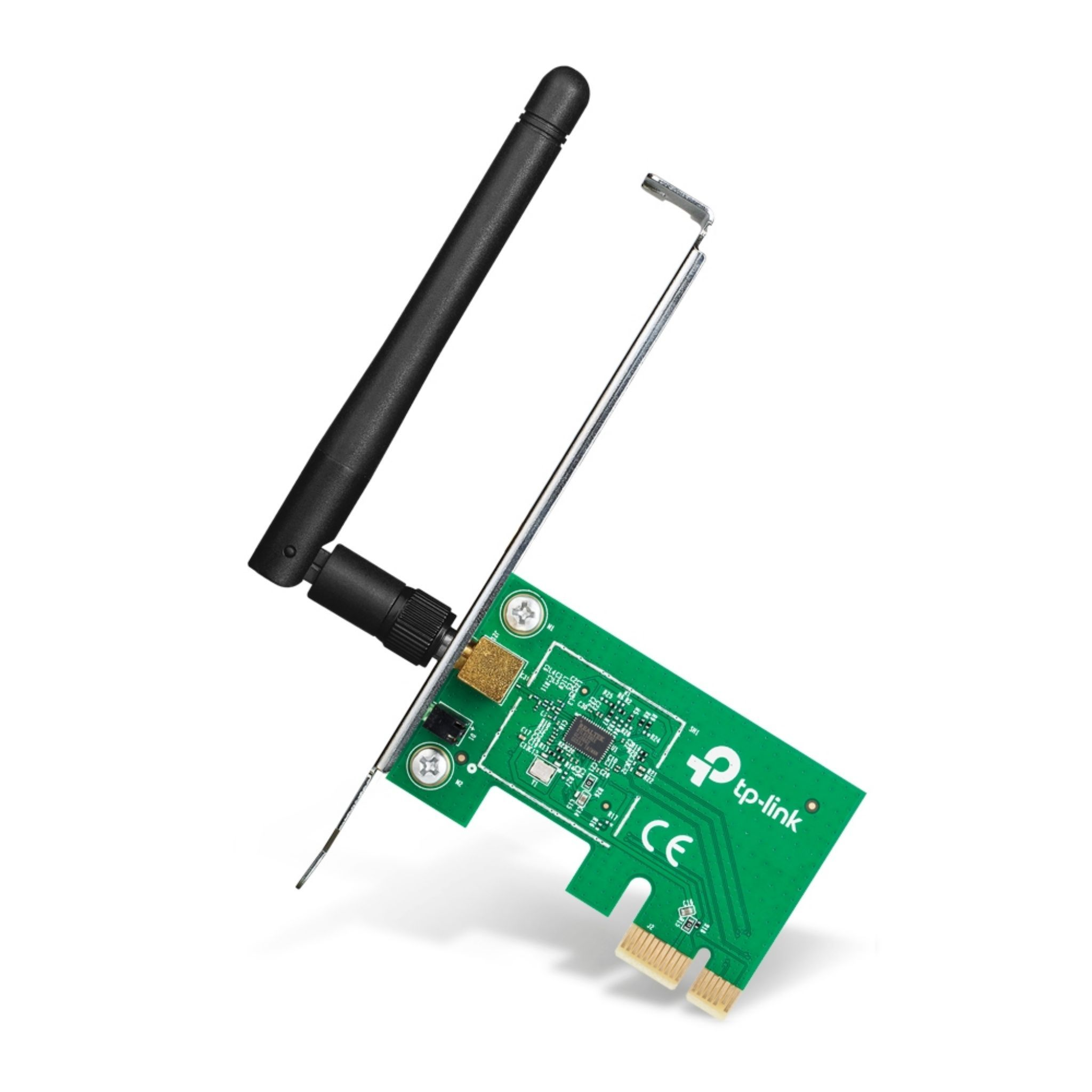 Antenli ve CE işaretli yeşil TP-Link ağ kartı.
