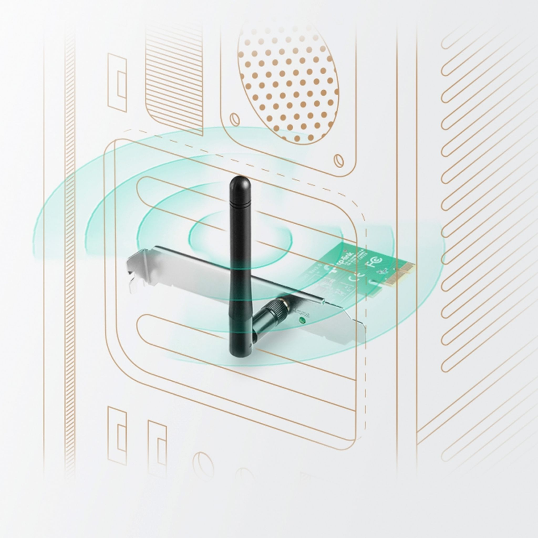 Mavi dalgalarla çevrili antenli Wi-Fi adaptörü.