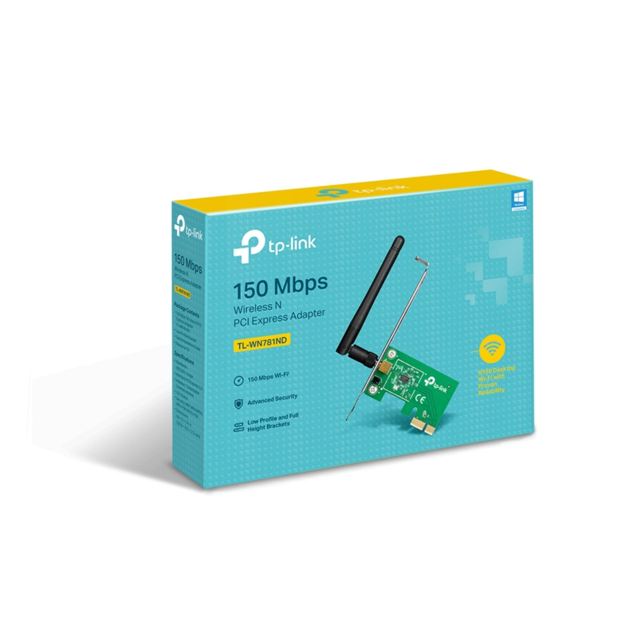 TP-Link TL-WN781ND 150 Mbps Kablosuz N PCI Express Adaptör kutu üzerinde.