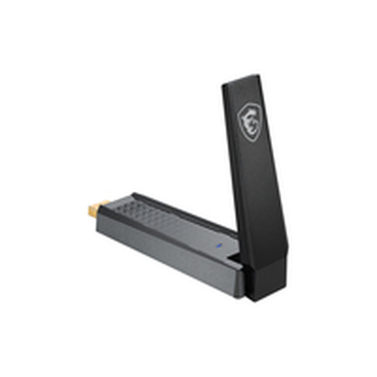 A black USB Wi-Fi adapter with a swiveling antenna and MSI logo.