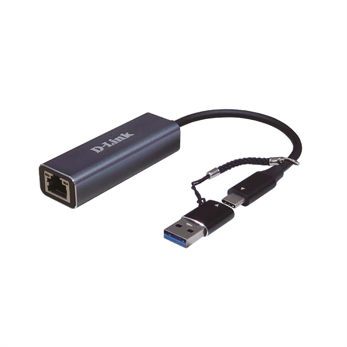 Adattatore D-Link con porte USB-A e USB-C, per Ethernet.