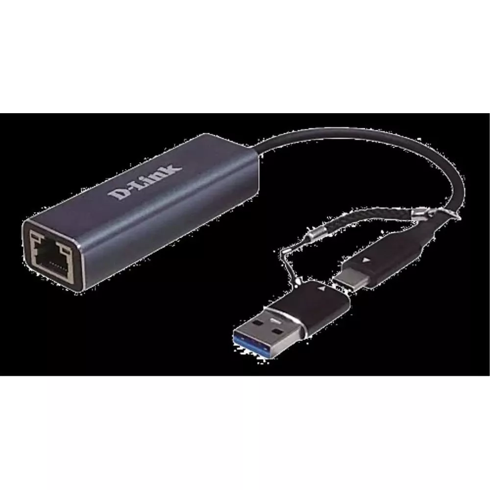 Adattatore D-Link USB-C a Ethernet con connettori USB-A e USB-C.