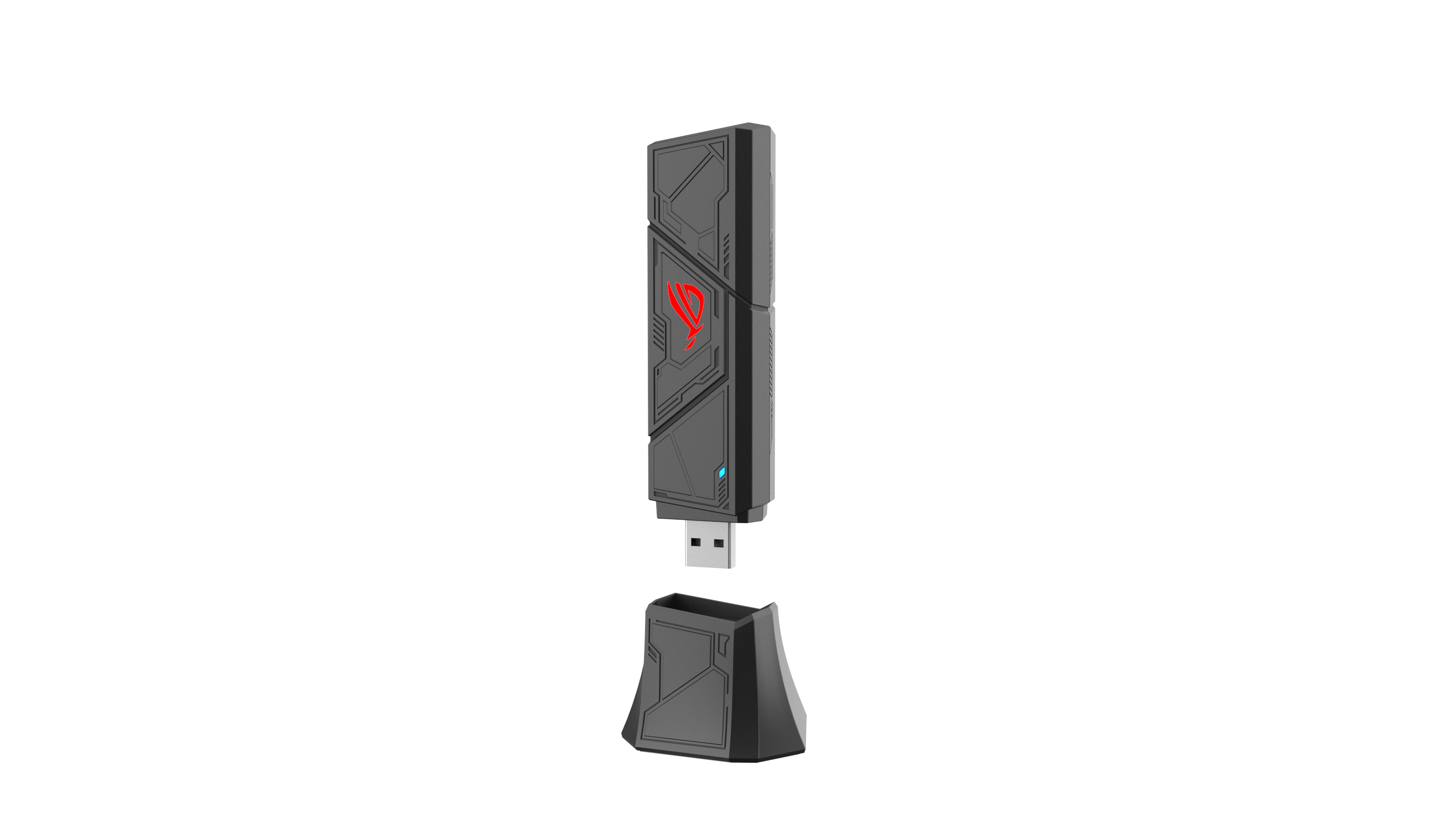 Un dongle USB nero con logo ROG e il suo cappuccio, sfondo bianco sporco.