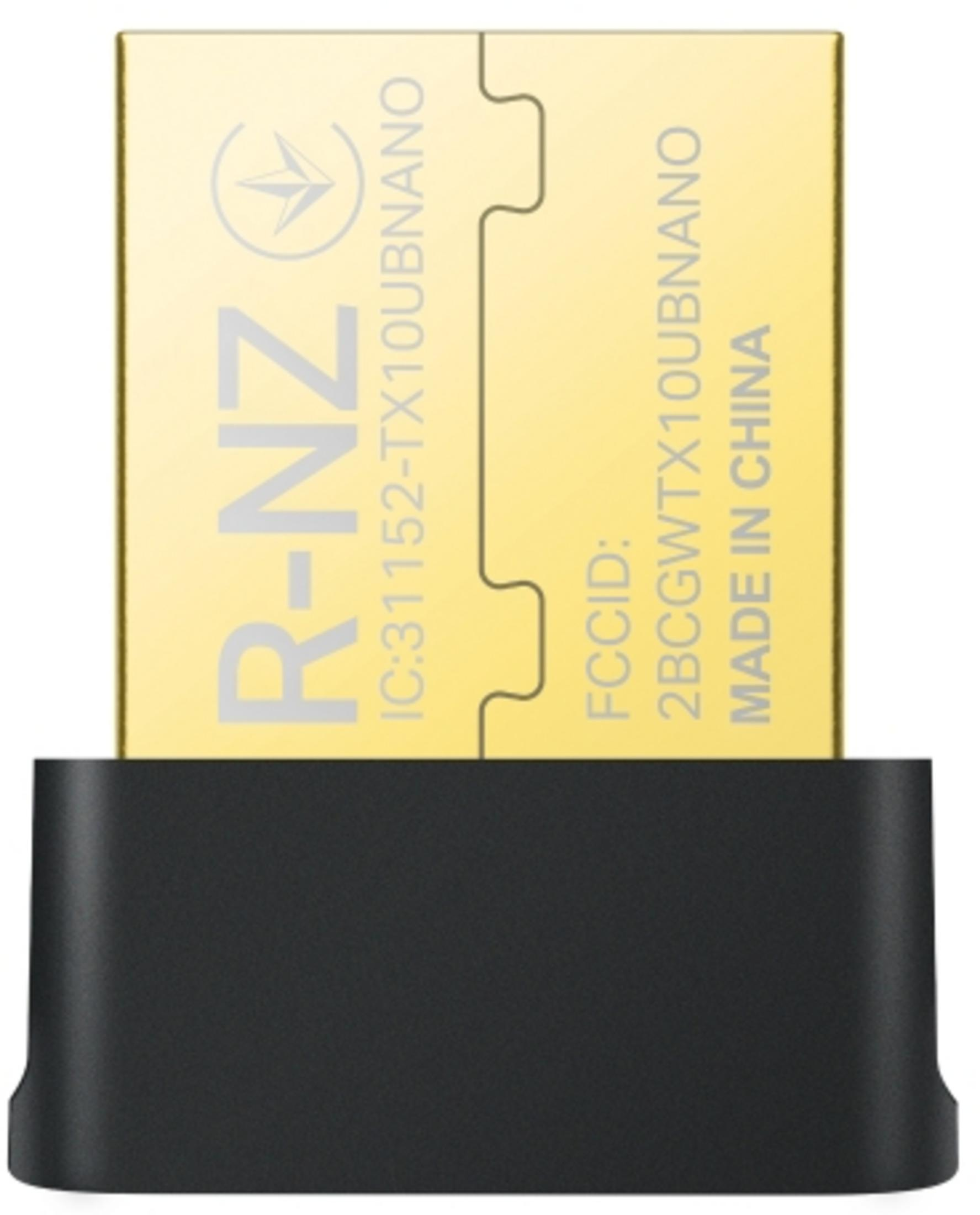 Goldener USB-Dongle mit schwarzer Basis, zeigt R-NZ, FCCID, IC und Made in China.