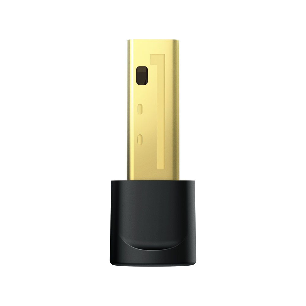Ein goldener USB-Adapter mit schwarzer Basis auf weißem Hintergrund.