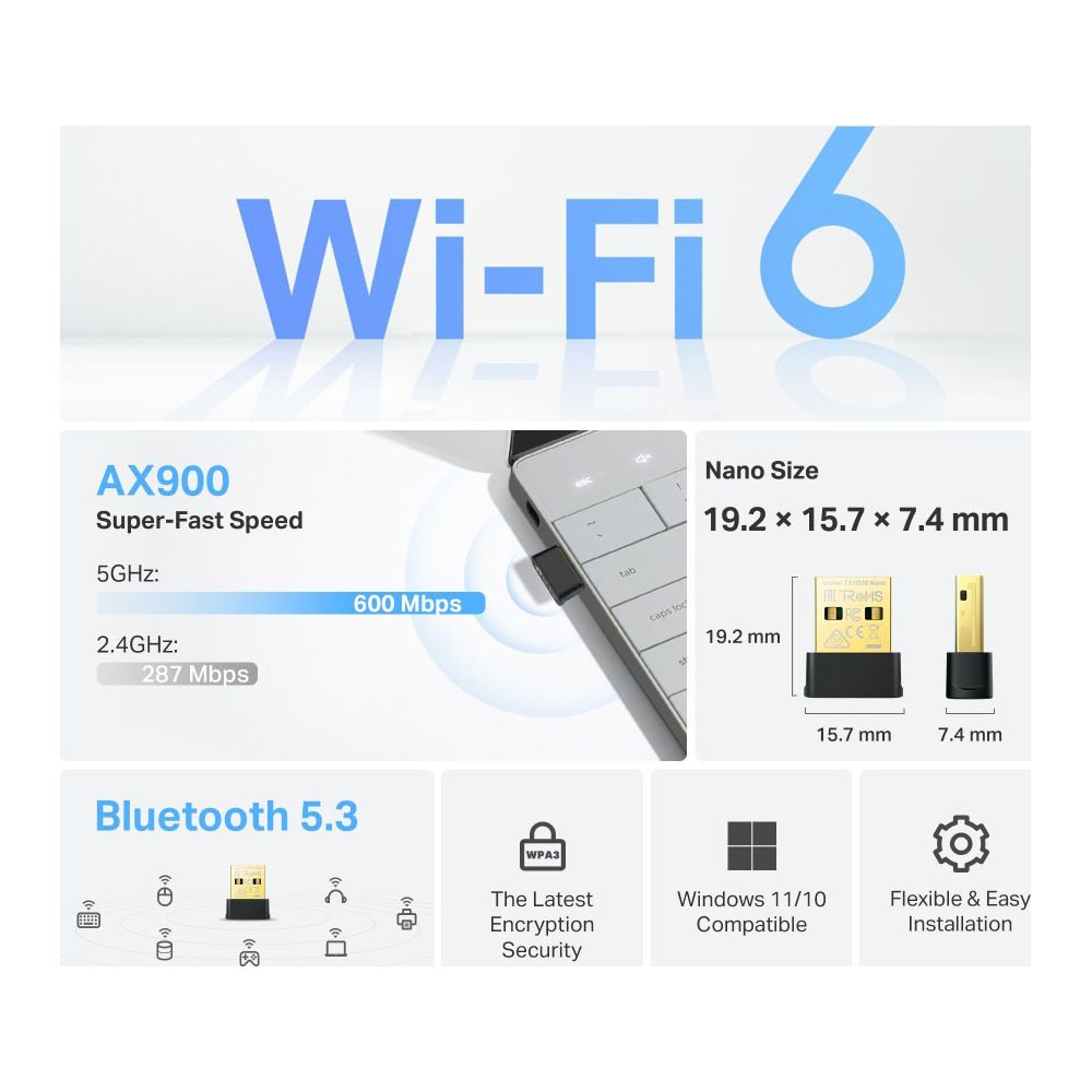 Wi-Fi 6 AX900: 5 GHz mit 600 Mbit/s, 2,4 GHz mit 287 Mbit/s, Nano-Größe.