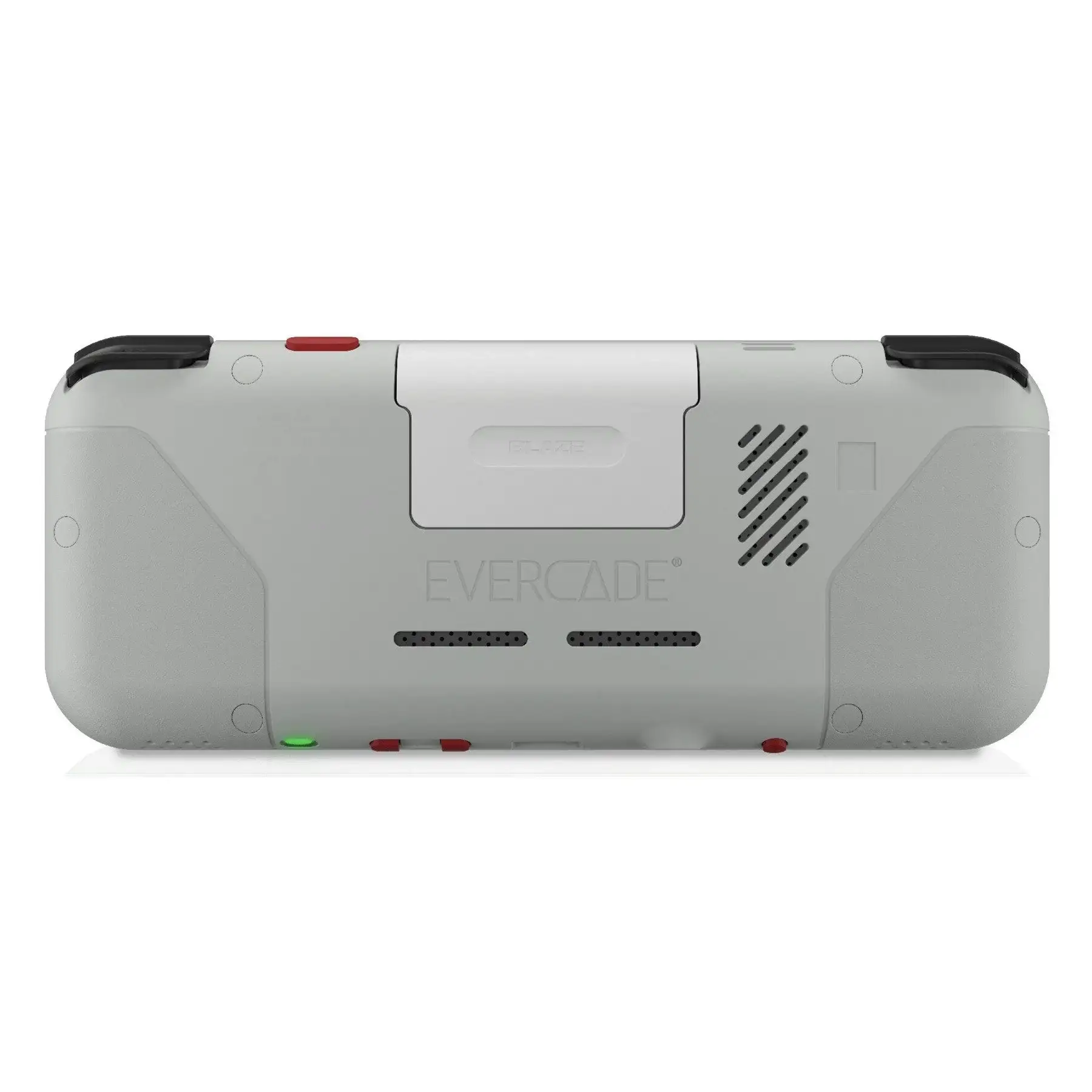 Console portatile grigia con impugnature nere, pulsante rosso e griglia altoparlante. Logo "EVERCADE".
